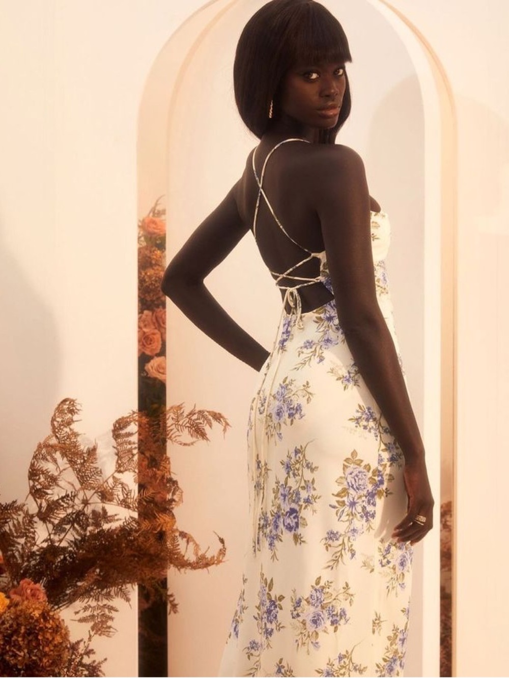 Meshki Cream Maxi Slip Dress with Blue Floral Print